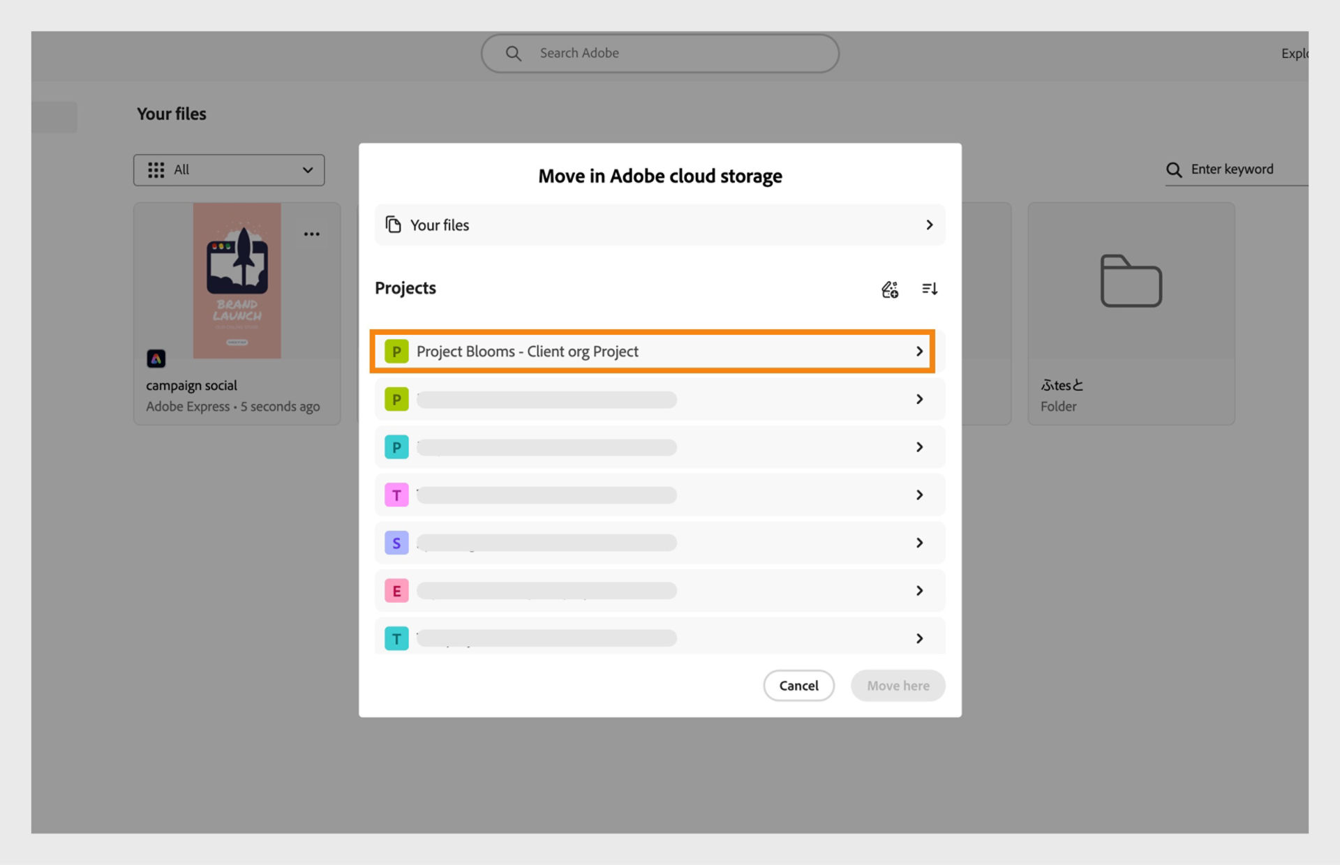 Selection panel prompting the user to choose a project as the new location for migrated files.
