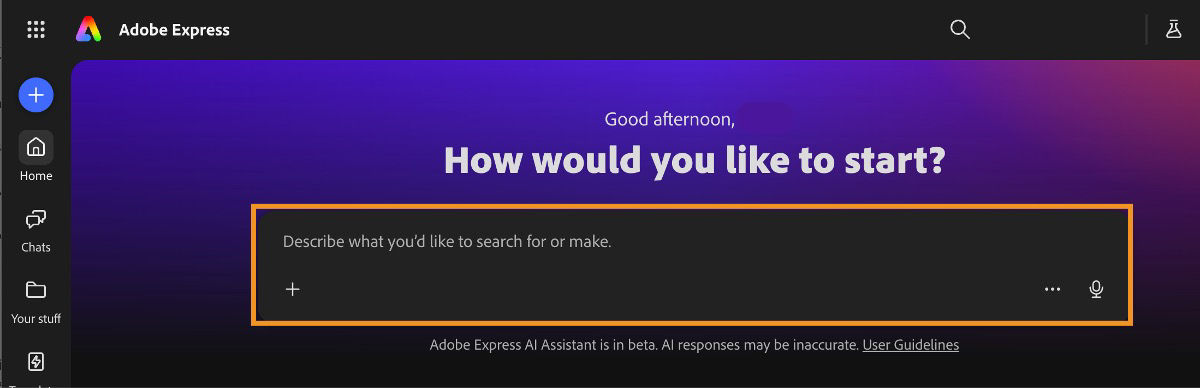 Adobe Express homepage with the prompt bar highlighted. Placeholder text: “Describe what you’d like to search for or make.”