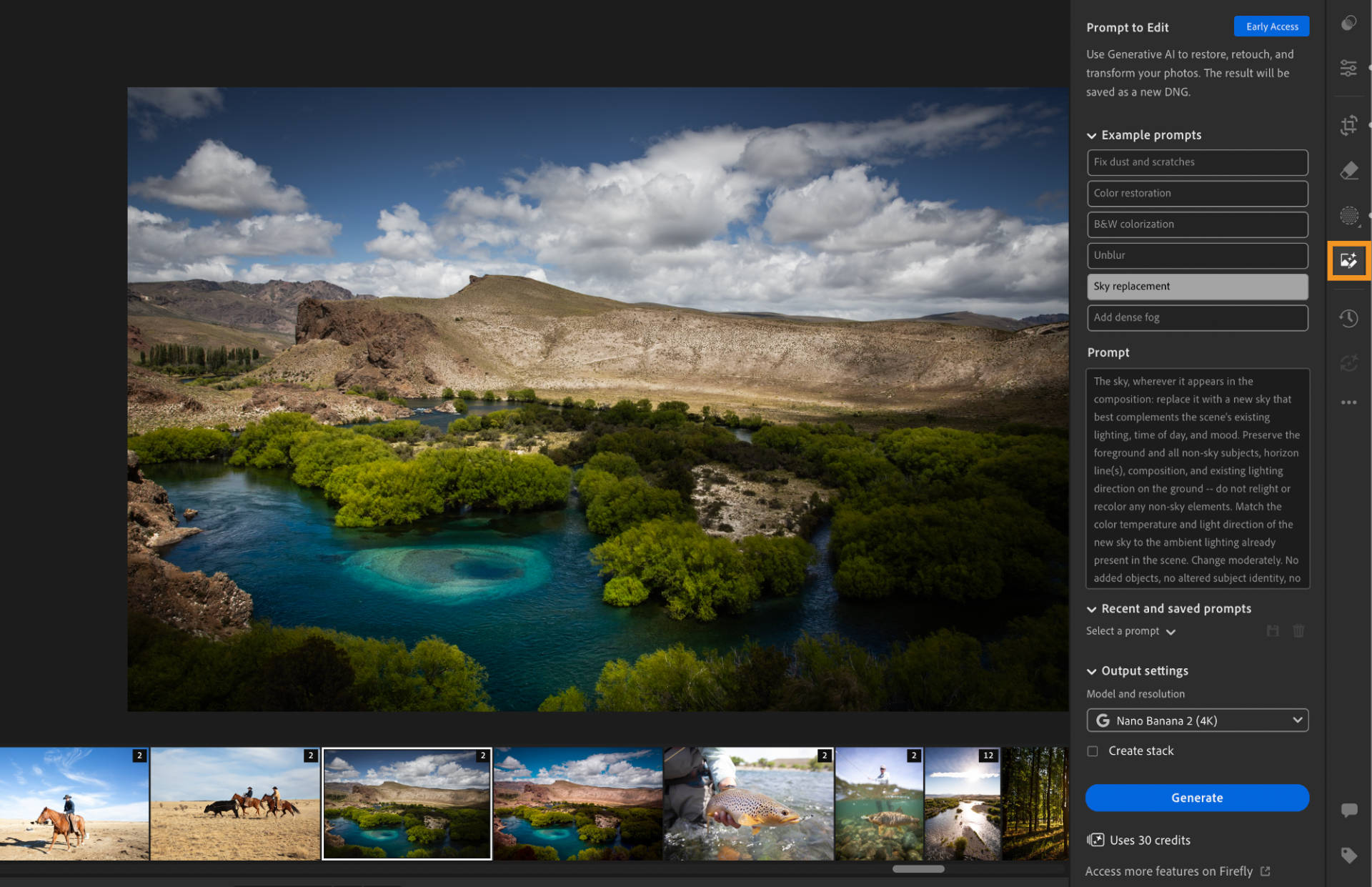 Lightroom desktop displaying a landscape photo with the Prompt to Edit panel open. Sky replacement is selected under Example prompts, and the Prompt field contains detailed editing instructions.