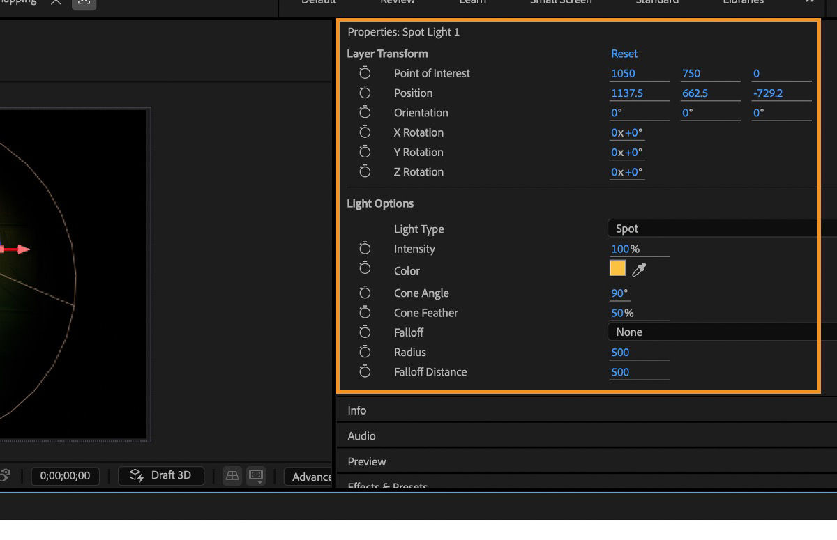 The Properties panel shows the Layer Transform and Light Options of the selected Light layer. There are multiple options to specify the layer transforms and light settings.