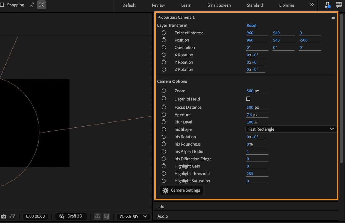 The Properties panel shows the Layer Transform and Camera Options of the selected Camera layer. There are multiple options to specify the layer transforms and camera settings.