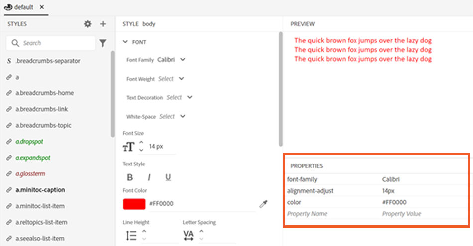 property panel to edit style