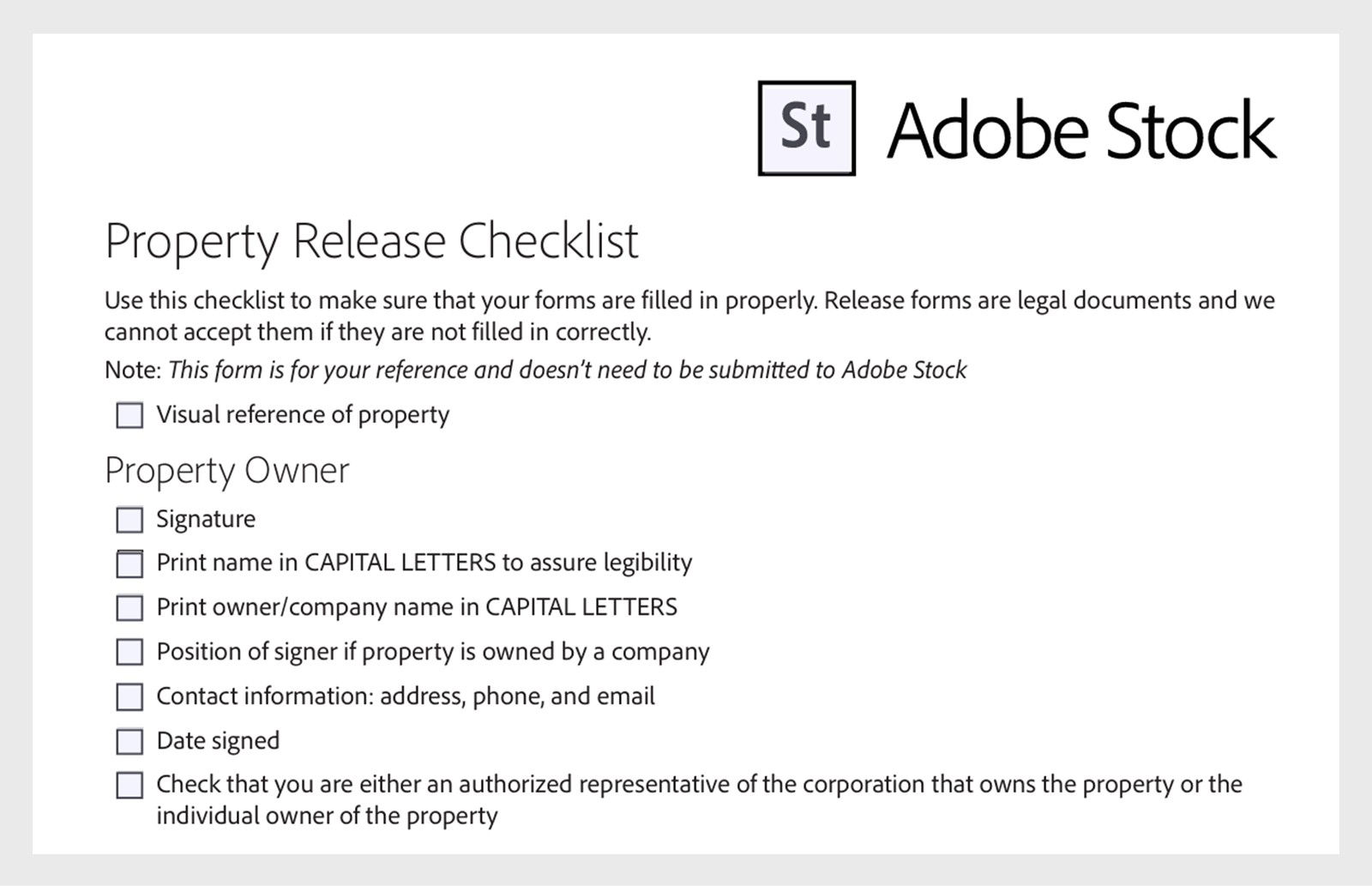 Adobe Stock property release checklist form showing sections for property owner details, property information, artist information, and witness requirements with checkboxes for each item.