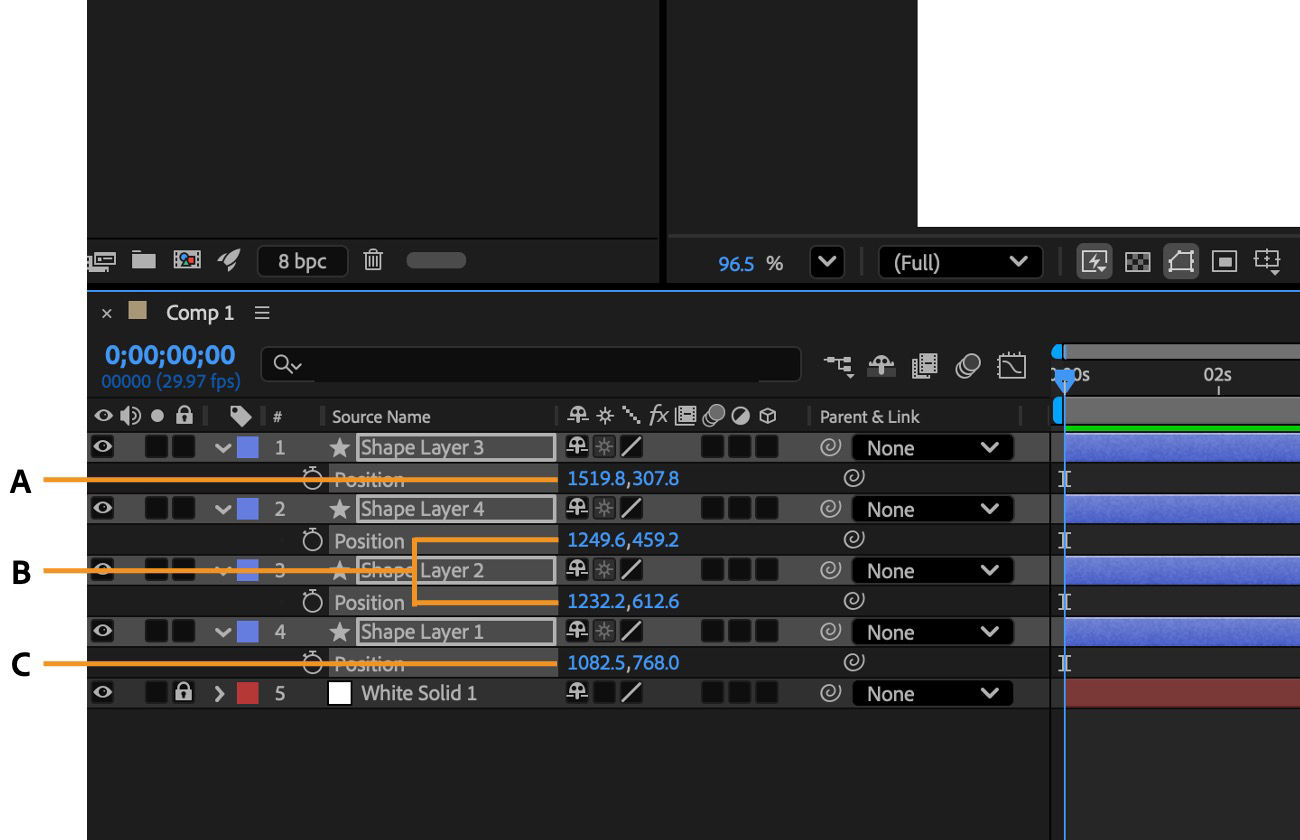 The Shape layers are open and the Position property is adjusted in the timeline.