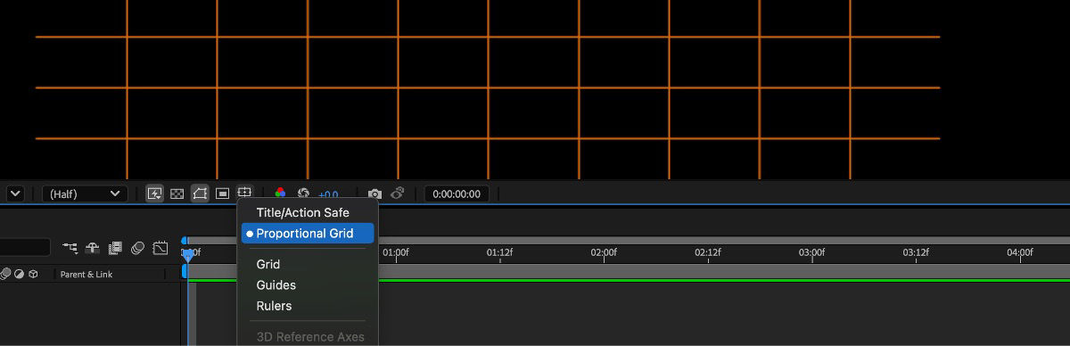 The Choose grid and guide options context menu is open and Propotional Grid is selected.