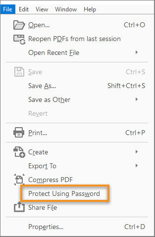 Protect using password from the File menu
