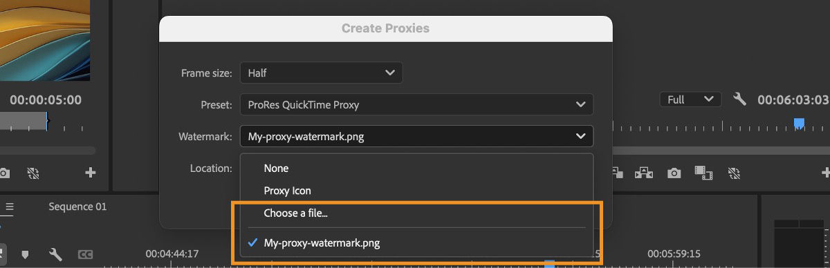 UI shows the Create Proxies dialog box with the option to Choose a file highlighted