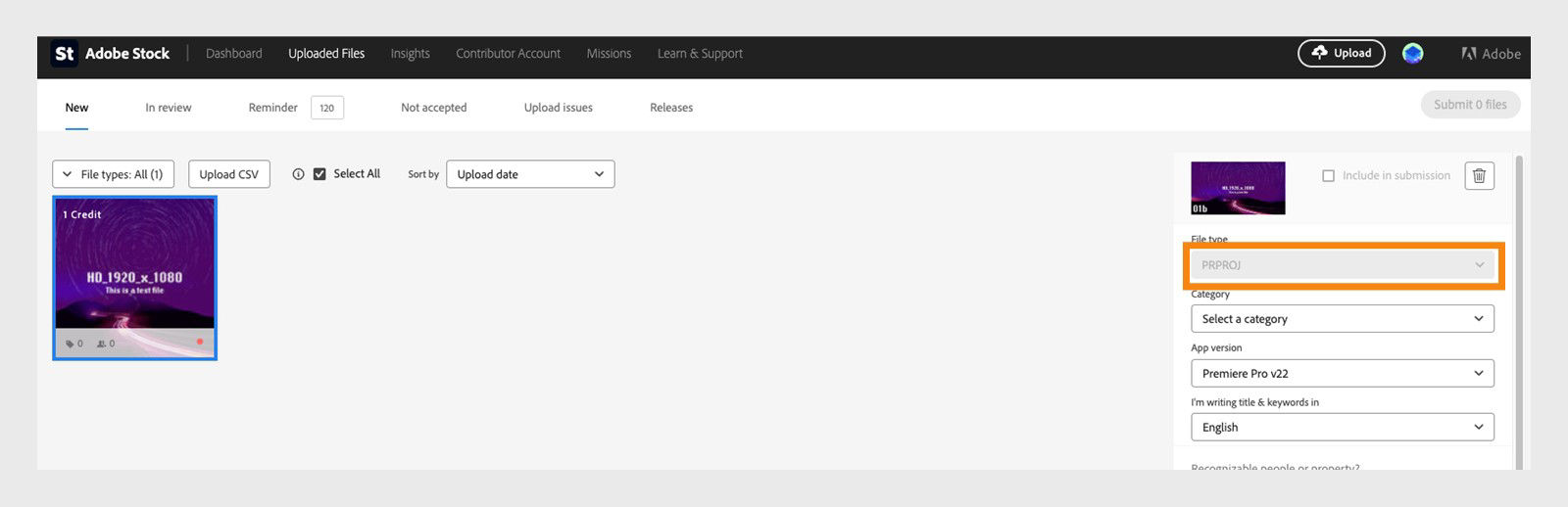 Make sure your PRPROJ file is properly structured, includes all required assets and tutorial files, and meets Adobe Stock requirements for file size, dimensions, and supported formats.