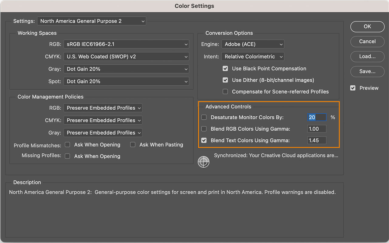 Velg Rediger > Fargeinnstillinger for å vise avanserte kontroller for fargehåndtering