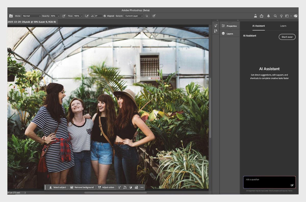 Enter natural language prompts to edit images, remove objects, or explore variations using the AI Assistant panel in Photoshop (beta) on desktop.