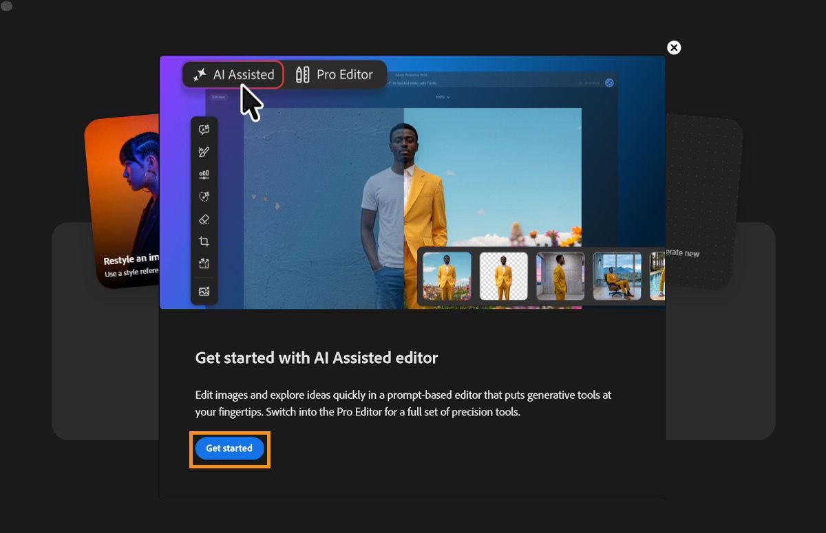 Get started dialog for the AI Assisted editor, showing a prompt-based portrait edit result and a Get started button