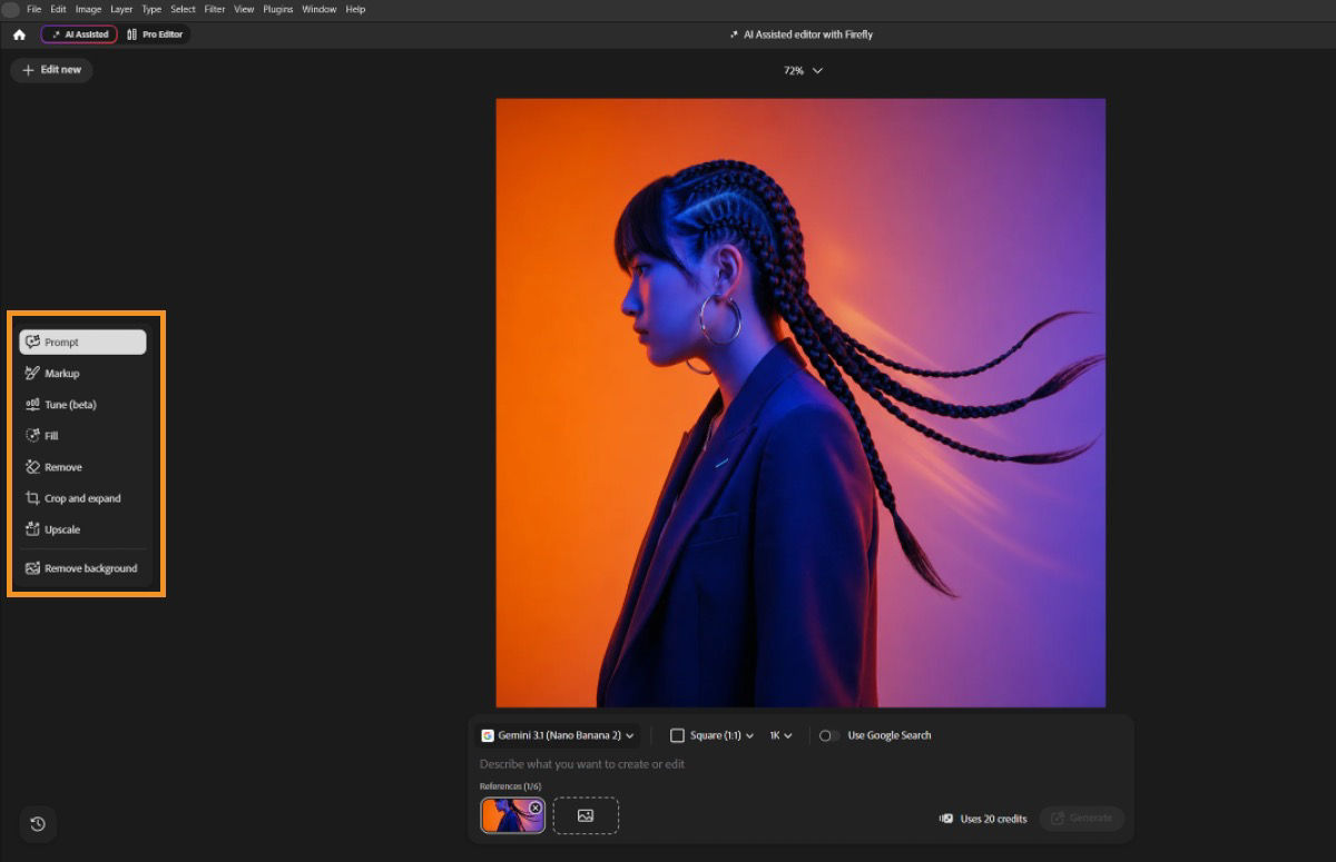 AI Assisted editor sidebar showing Prompt, Markup, Tune, Fill, Remove, Crop and expand, Upscale, and Remove background tools, with a reference image and prompt field open.