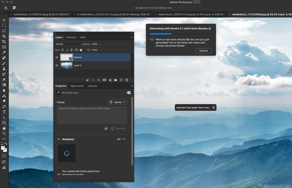 Image open with the Layers panel with Gemini model generating edits based on markups.