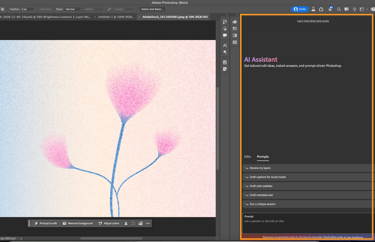 Enter natural language prompts to edit images, remove objects, or explore variations using the AI Assistant panel in Photoshop (Beta) on desktop.