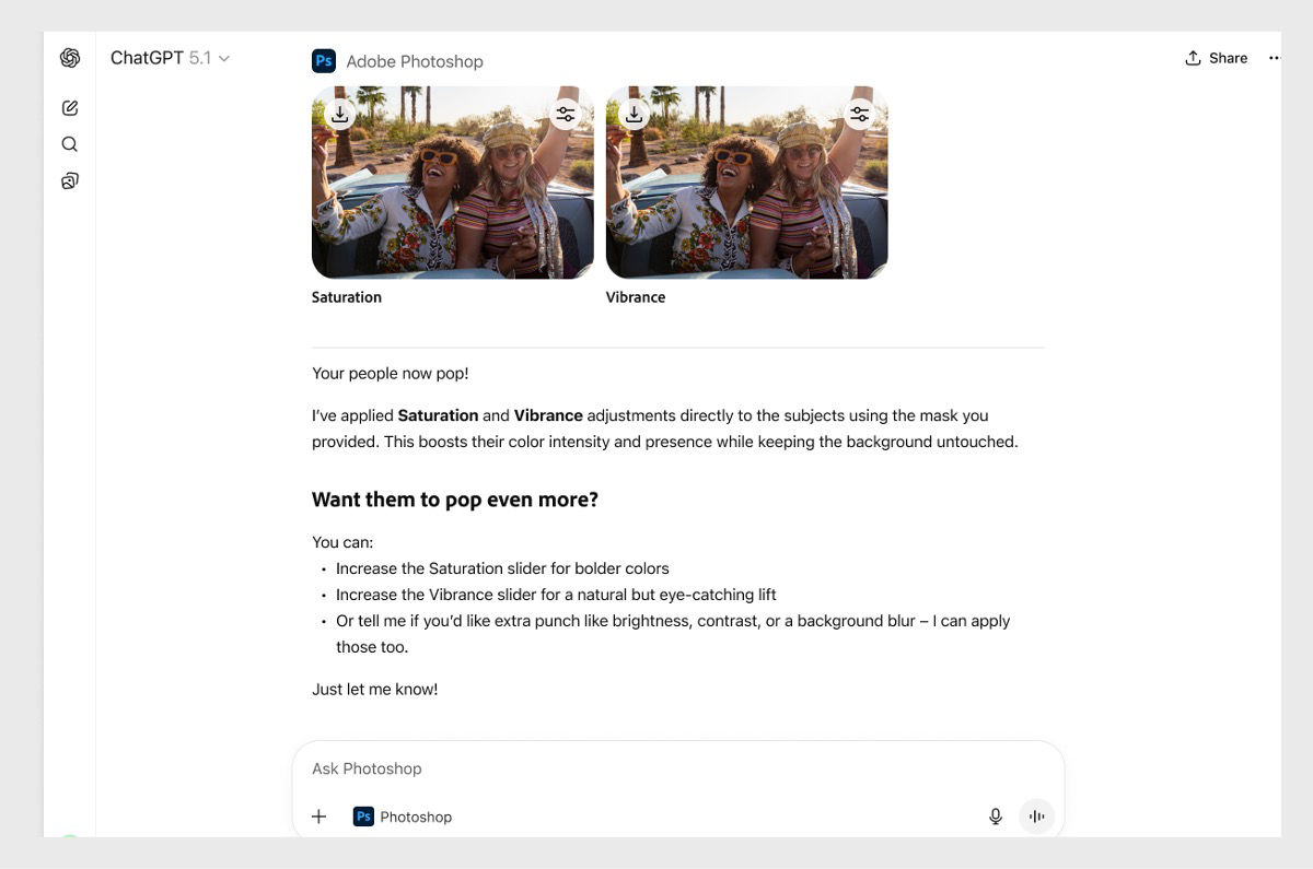 ChatGPT displays Photoshop-generated results with two preview images labeled ‘Saturation’ and ‘Vibrance.’ The interface shows applied color adjustments and guidance for additional edits. 