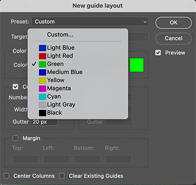 Scegliete dalle opzioni di colore predefinite nella finestra di dialogo Layout nuova guida