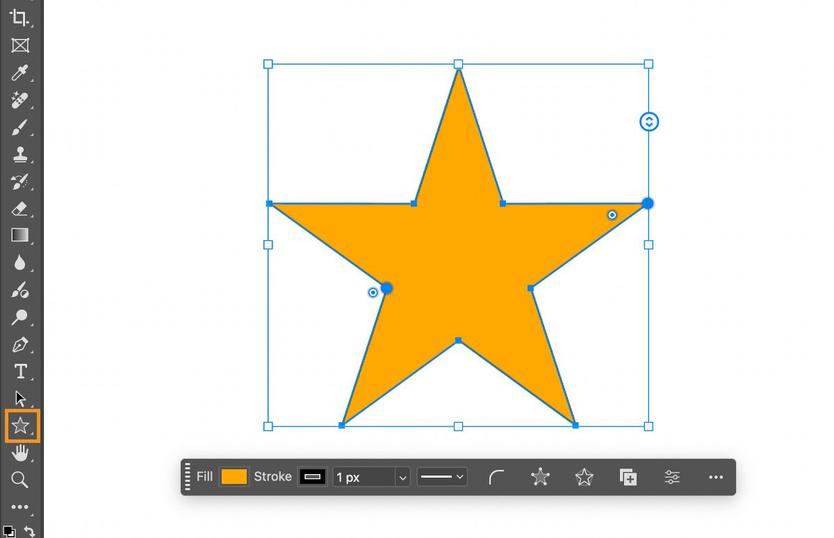 Photoshop workspace with the Star tool selected on the toolbar and a star shape with anchor points drawn on the canvas. 