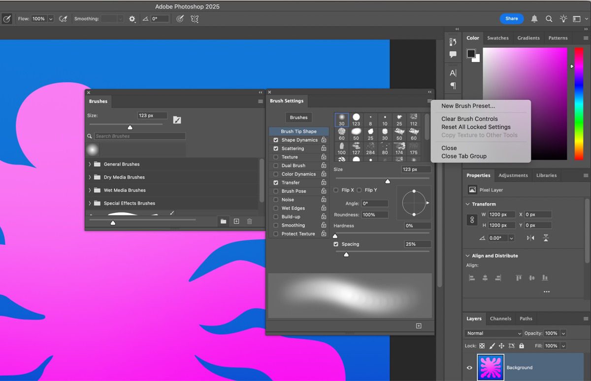 In the Brush Settings menu, select Clear Brush Controls to clear brush options