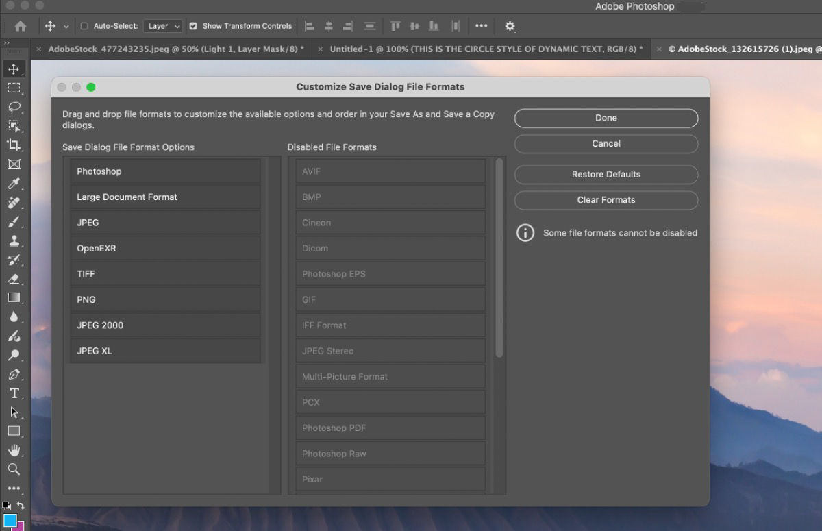 The Customize Save Dialog File Formats dialog showing a list of file formats with options to select or deselect formats.