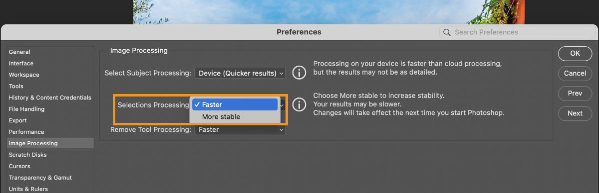 Change Photoshop preference to improve selection stability