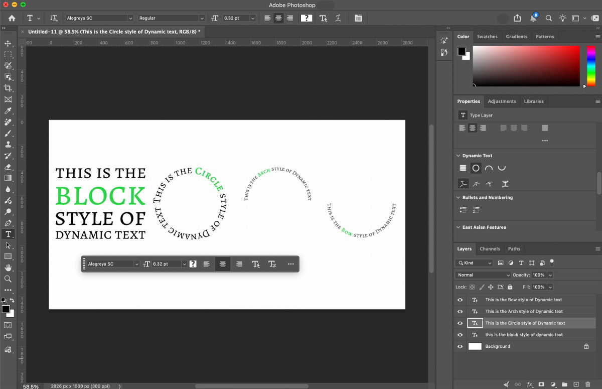 Photoshop canvas showing dynamic text styles, including block text and circular and arched text layouts.