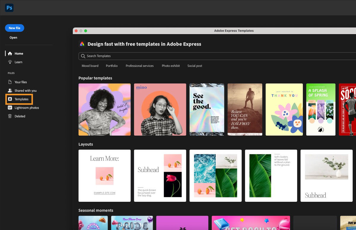 หน้าจอหลัก Photoshop แสดงแท็บเทมเพลตที่เลือกไว้หน้าต่างหลักแสดงแผงตัวเลือกเทมเพลต Adobe Express พร้อมหมวดหมู่ต่างๆ เช่น เทมเพลตยอดนิยม เลย์เอาต์ และช่วงเวลาตามฤดูกาล
