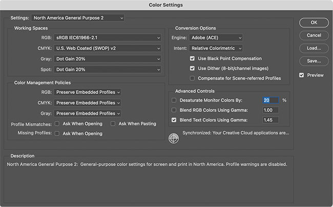 Access color profiles in Photoshop by going to Edit > Color Settings 