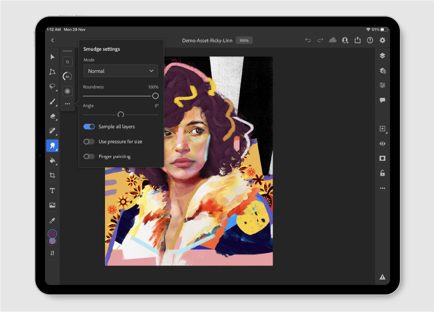 Use the Smudge tool to blend colors in images when working with Photoshop on the iPad.