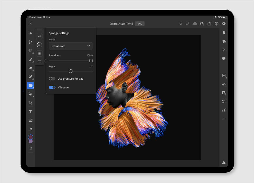 Gebruik de tool Spons om meer of minder verzadiging aan te brengen in kleuren van afbeeldingen terwijl u werkt met Photoshop op uw iPad