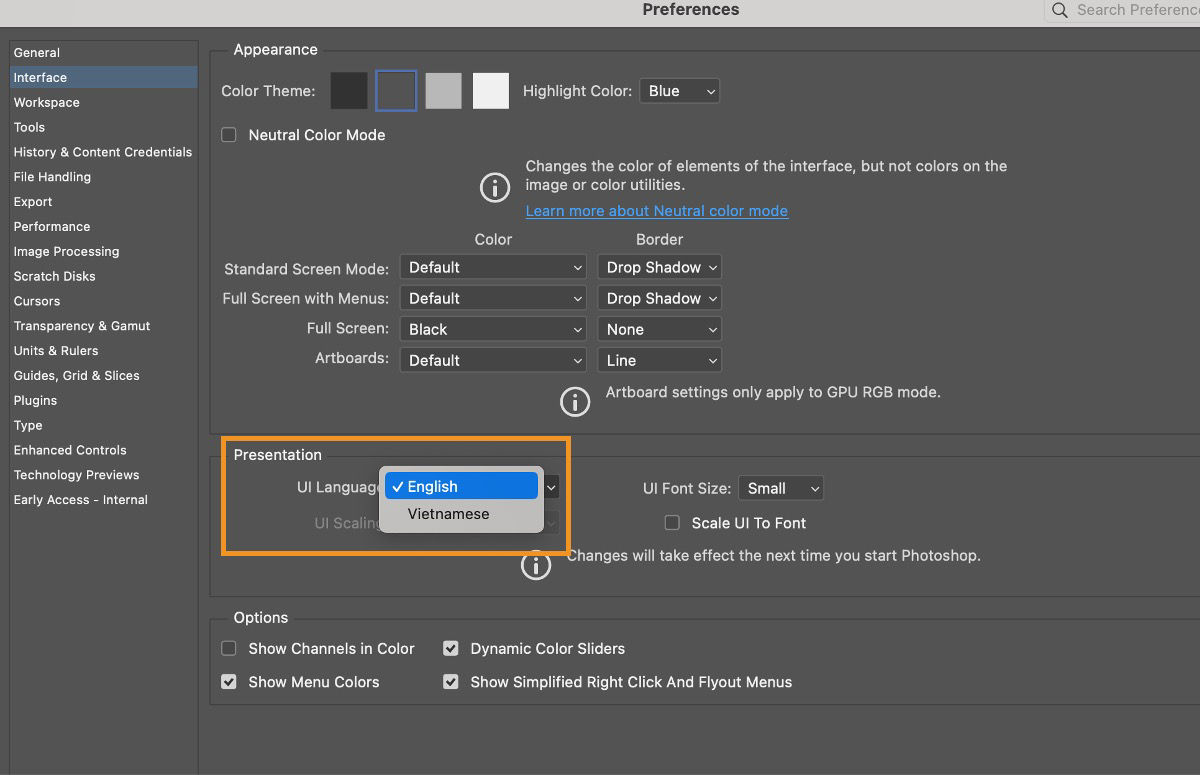 Thay đổi cài đặt ngôn ngữ trong ứng dụng Photoshop của bạn