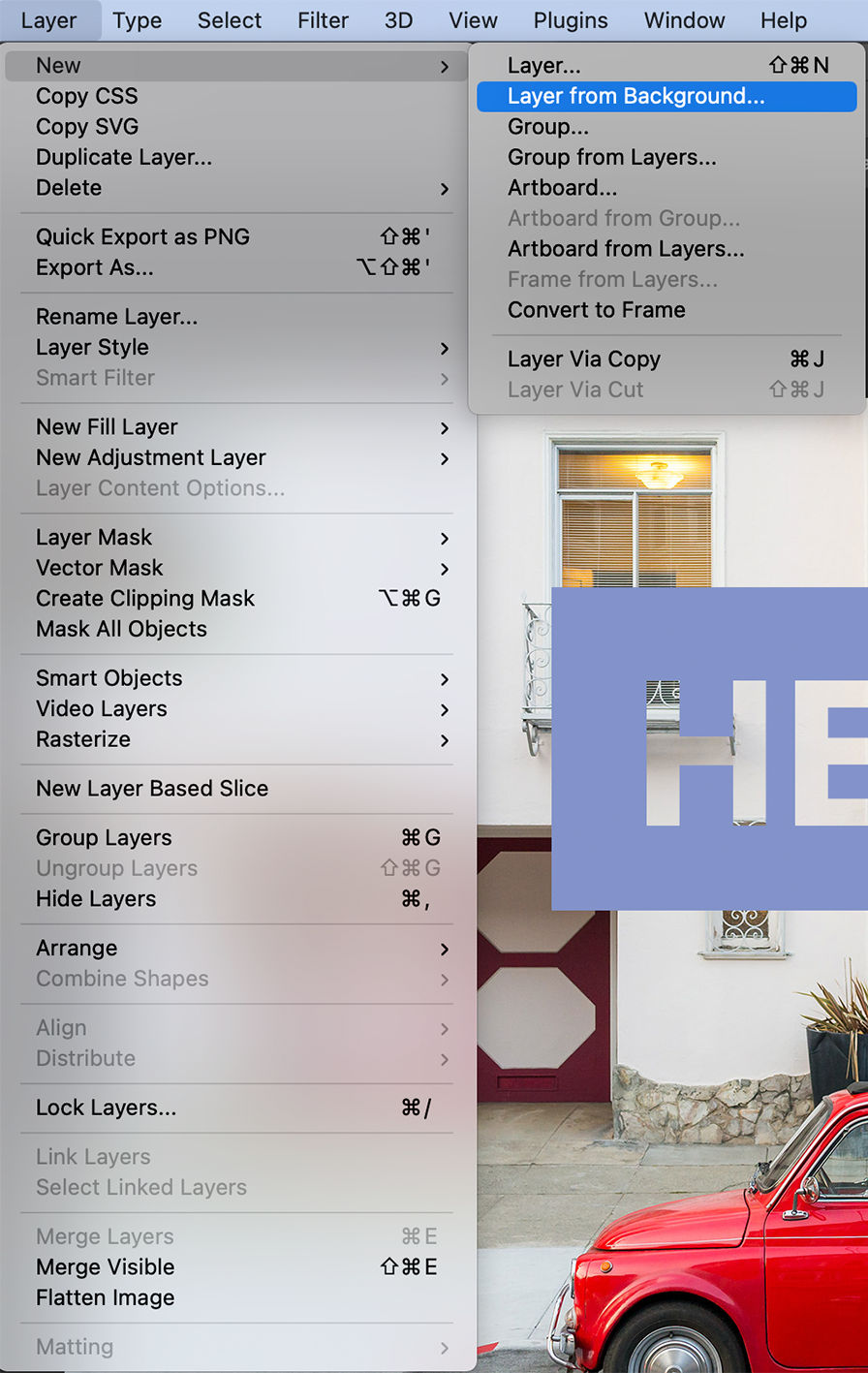 Kies Laag > Nieuw > Achtergrond uit laag om een gewone laag om te zetten in de achtergrondlaag.