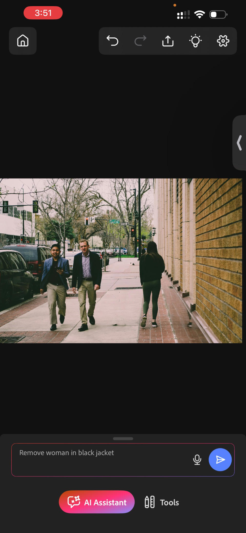 The AI assistant panel is displayed on the screen with a prompt for refining the image.