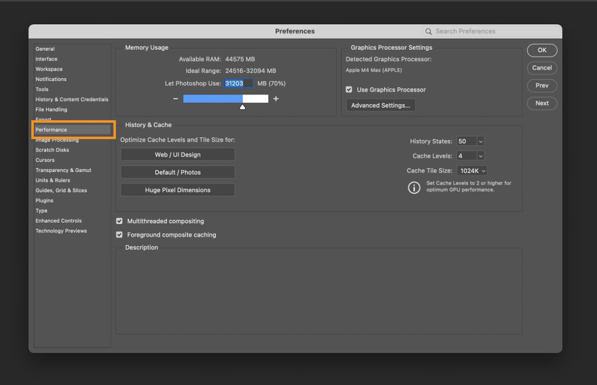 Adobe Photoshop Preferences window showing Performance settings panel with memory usage allocation, graphics processor settings for Apple M1 Max, history and cache options, and multithreaded compositing enabled.