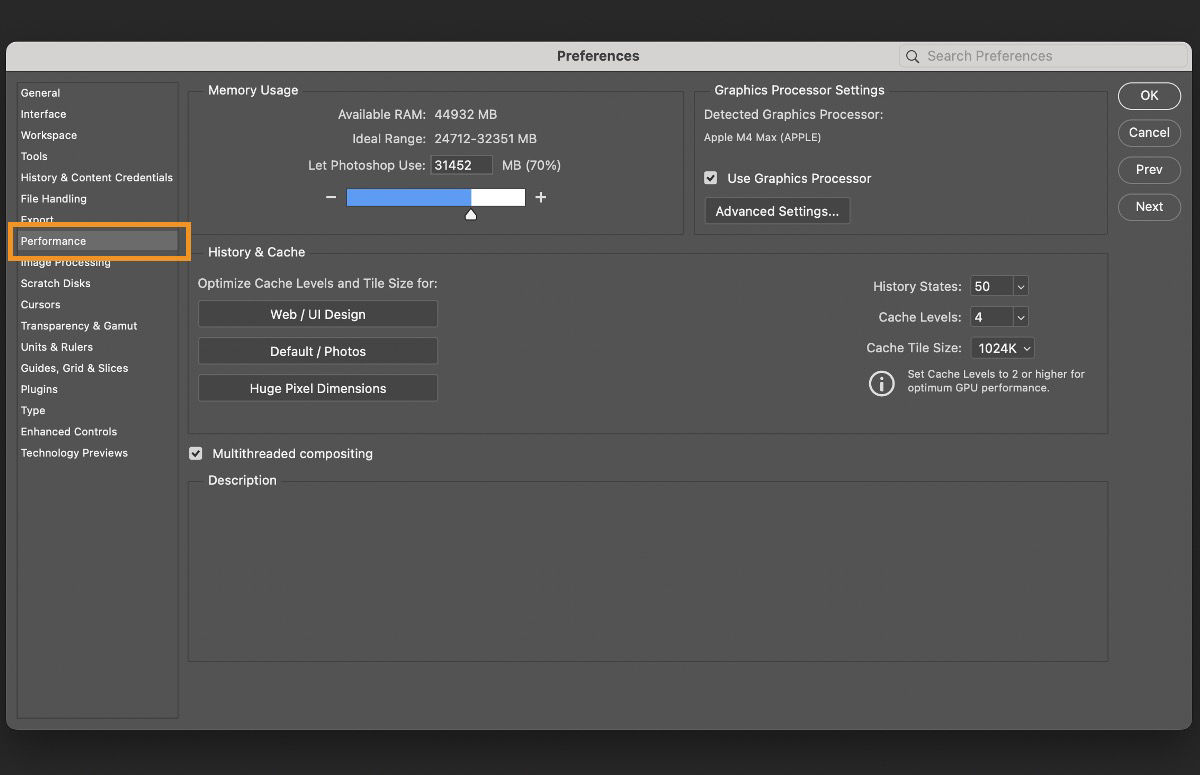 Adobe Photoshop Preferences window showing Performance settings panel with memory usage allocation, graphics processor settings for Apple M1 Max, history and cache options, and multithreaded compositing enabled.