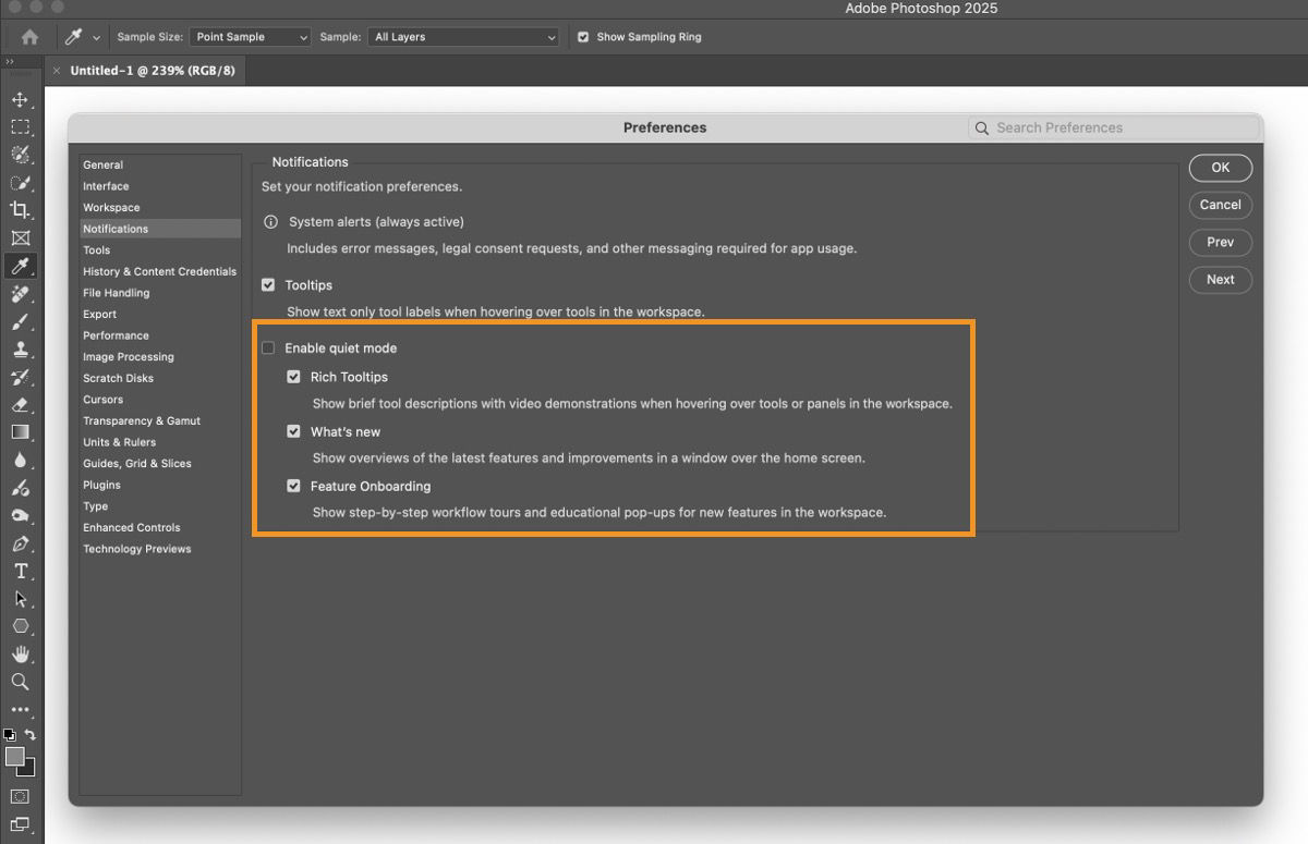 Check Enable quiet mode in the Photoshop 2025 Preferences > Notifications panel.