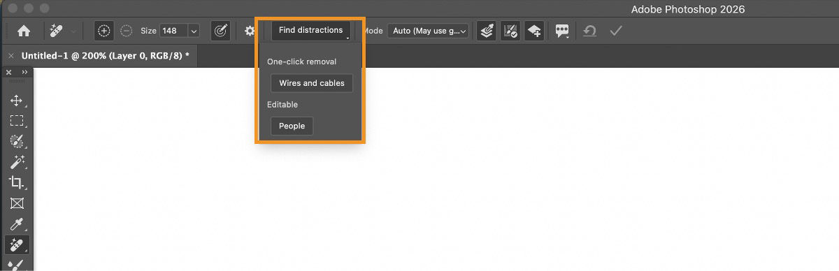 Photoshop Options bar is showing the Find distractions menu expanded, with options for removal of wires and cables, and people.