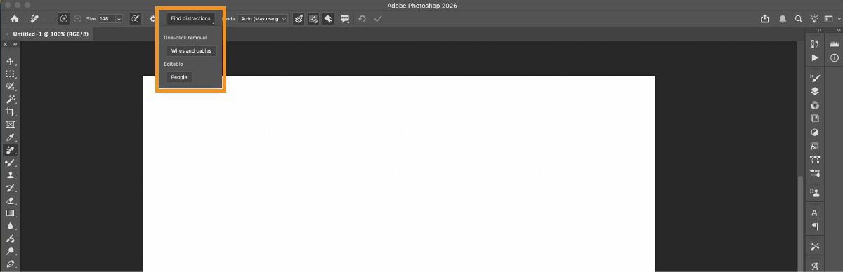 이 데스크탑용 Photoshop 앱은 위에 전선이 있는 야자수 이미지를 통해 전선과 케이블과 인물과 같은 옵션이 있는 ‘불필요한 요소 찾기’ 드롭다운 메뉴를 보여줍니다. 