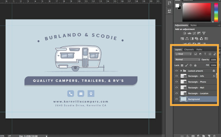 Layers panel is open, and blue-toned advertisement for camper and RV company is displayed in the workspace. 