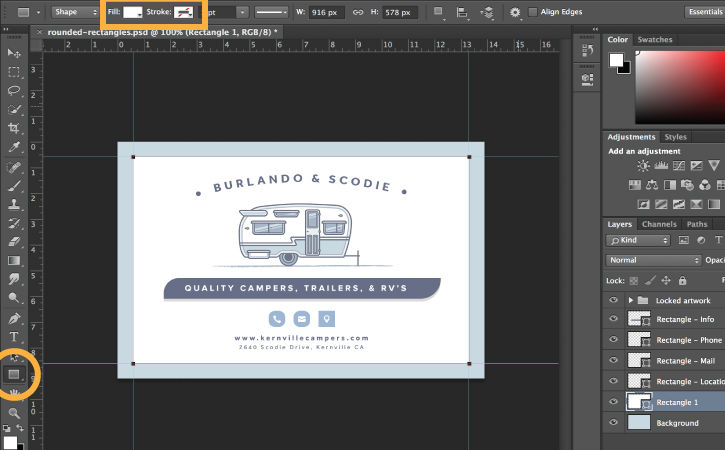 Background layer is selected, rectangle tool is highlighted. Rectangle with white fill and no stroke appears behind camper