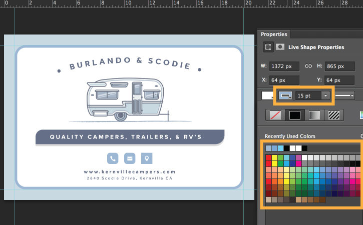 Properties panel is open. A light blue stroke is added. The white rectangle now has a light blue outline. 