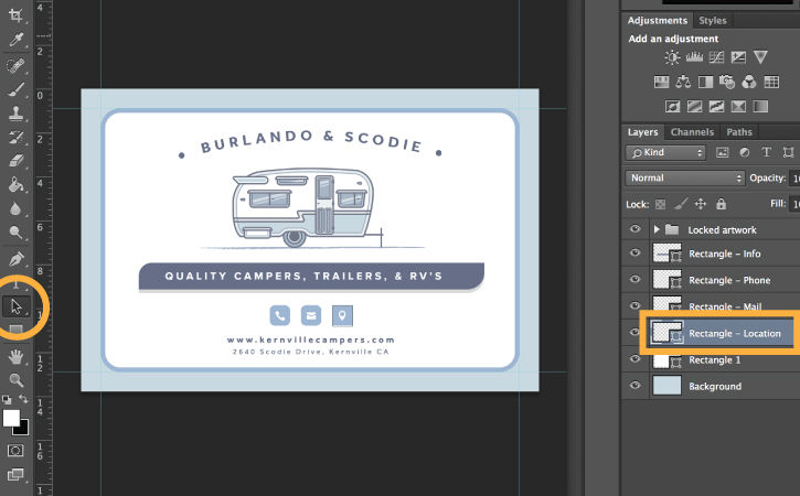 Path selection tool is selected, Rectangle – Location layer is highlighted for editing. 