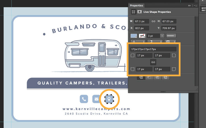 Properties panel is open, location icon is selected, corner radii are changed to 17 pixels. The icon’s corners are rounded