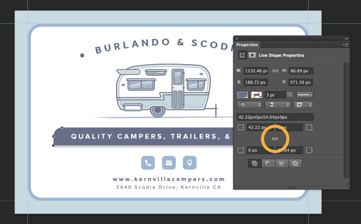 The Live Shape properties panel is open. Corner radii may be edited proportionally to each other when link option is clicked.