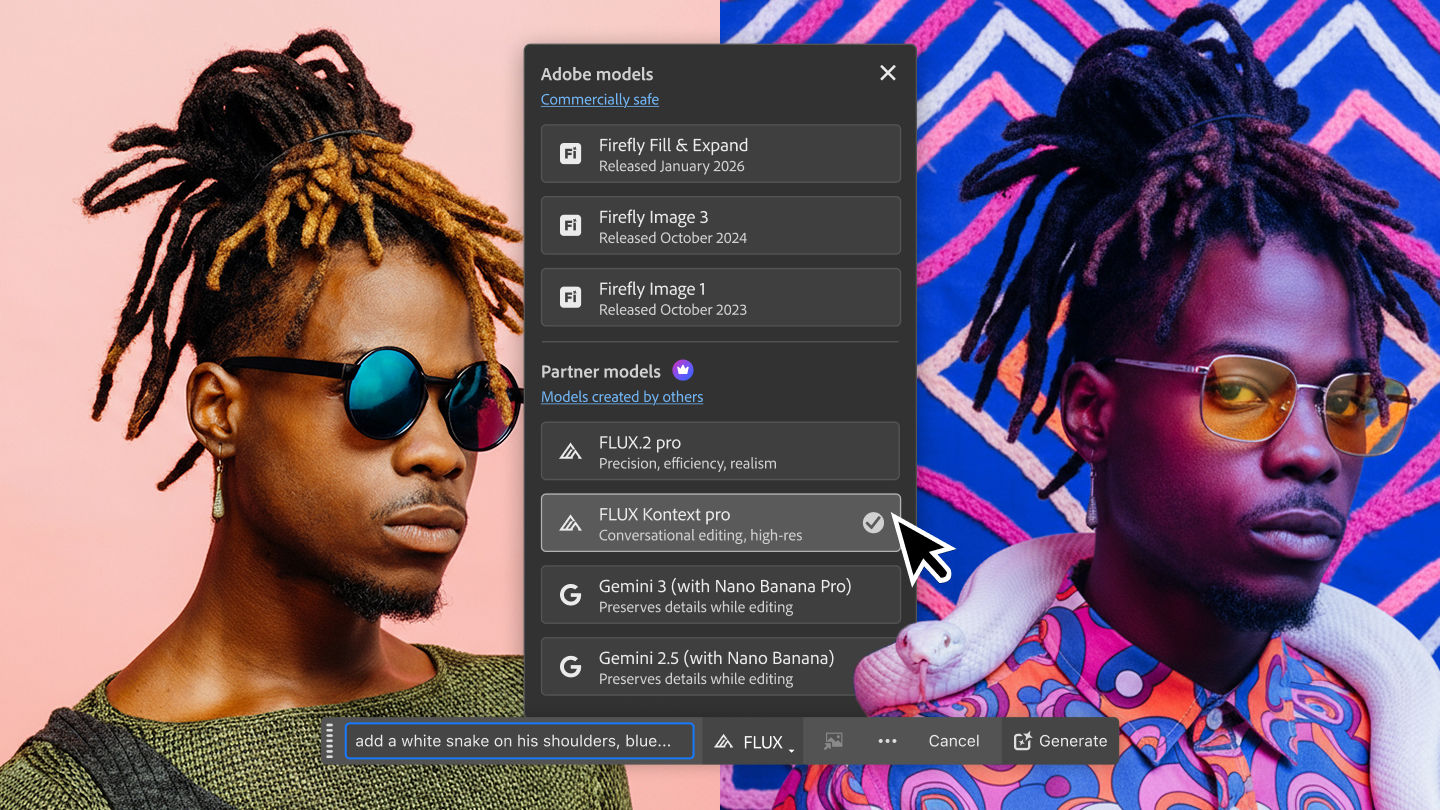 同じ男性のポートレートを編集前後で並べて表示します。 Photoshop のモデルピッカーパネルには、Firefly 塗りつぶし＆拡張 (Beta)、Firefly Image 3、Firefly Image 1、FLUX.2 pro、FLUX Kontext Pro、Gemini などの AI モデルのオプションが表示されます。
