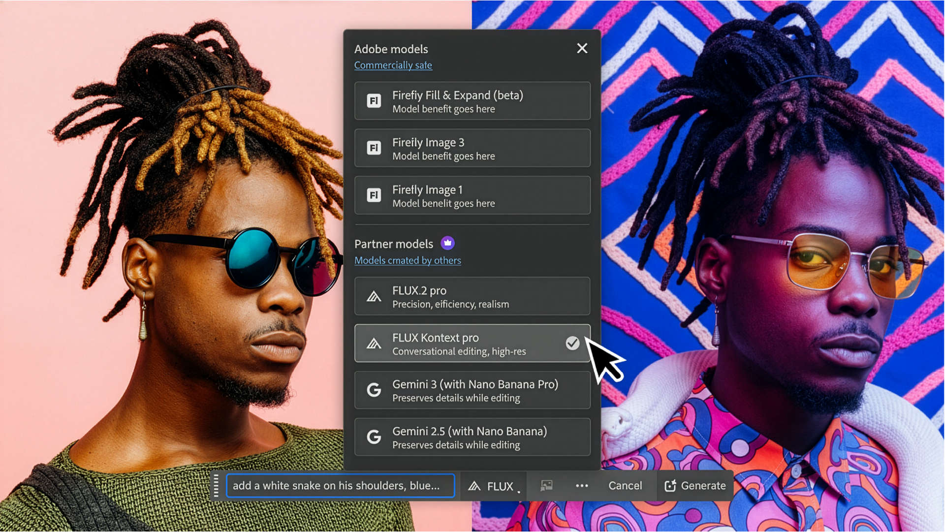 Side-by-side portrait of the same man before and after editing. The Model Picker panel in Photoshop shows AI model options including Firefly Fill & Expand (beta), Firefly Image 3, Firefly Image 1, FLUX.2 pro, FLUX Kontext Pro, and Gemini models.