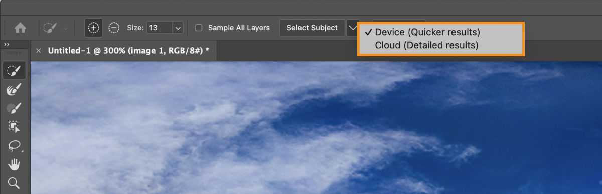 Select and Mask workspace: Options bar