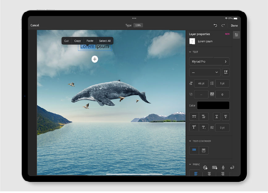Торкніться, щоб вибрати текст і переглянути спливне меню у Photoshop на iPad 