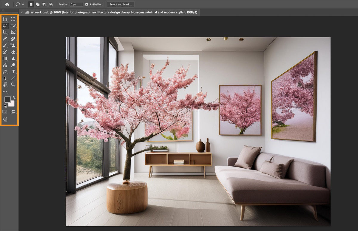 A screenshot of the toolbar of Adobe Photoshop highlighted. The interface displays an image of a modern living room with large windows offering a cityscape view. 