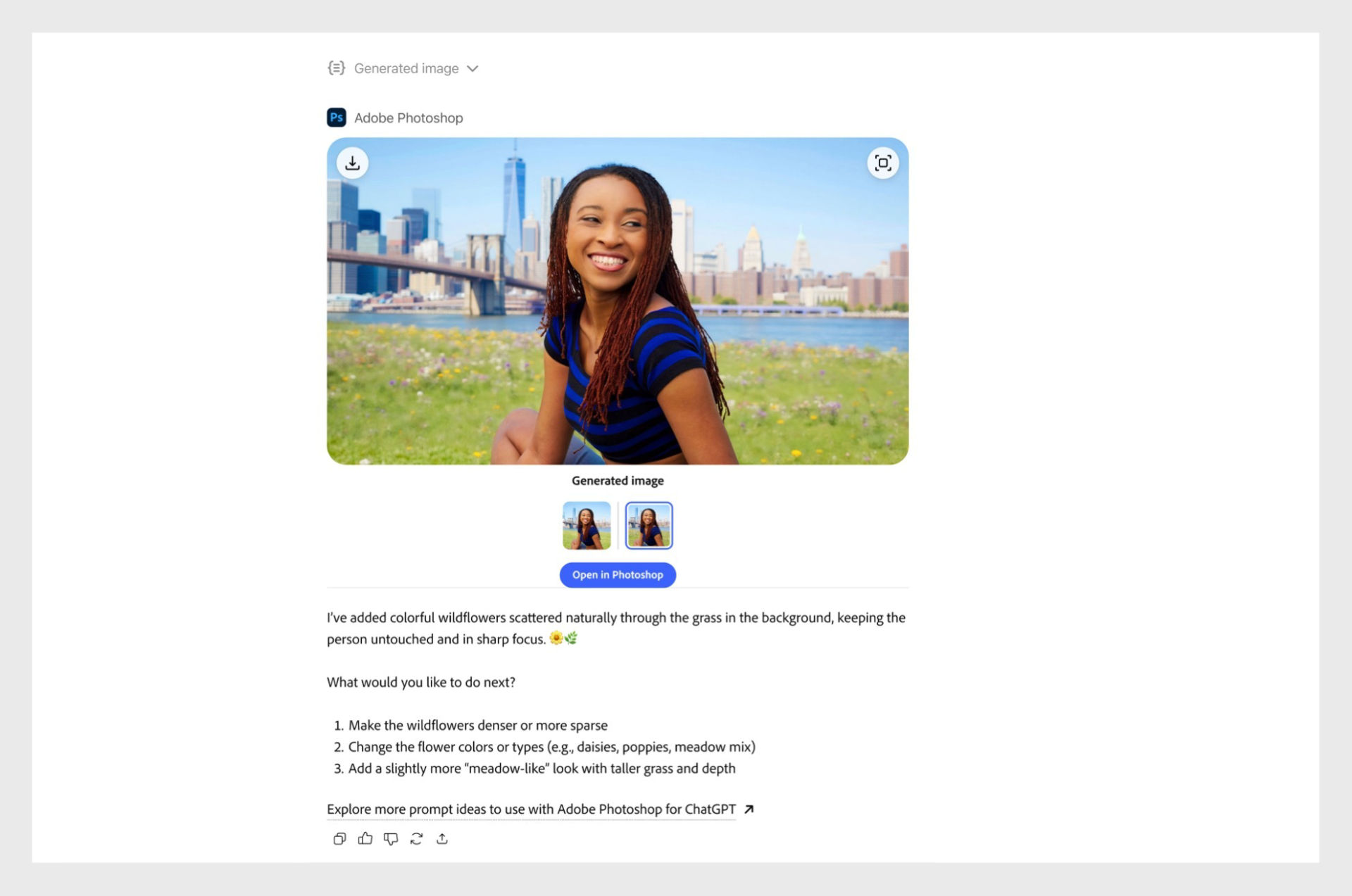 ChatGPT displays Photoshop-generated results. The interface shows applied color adjustments and guidance for additional edits. 