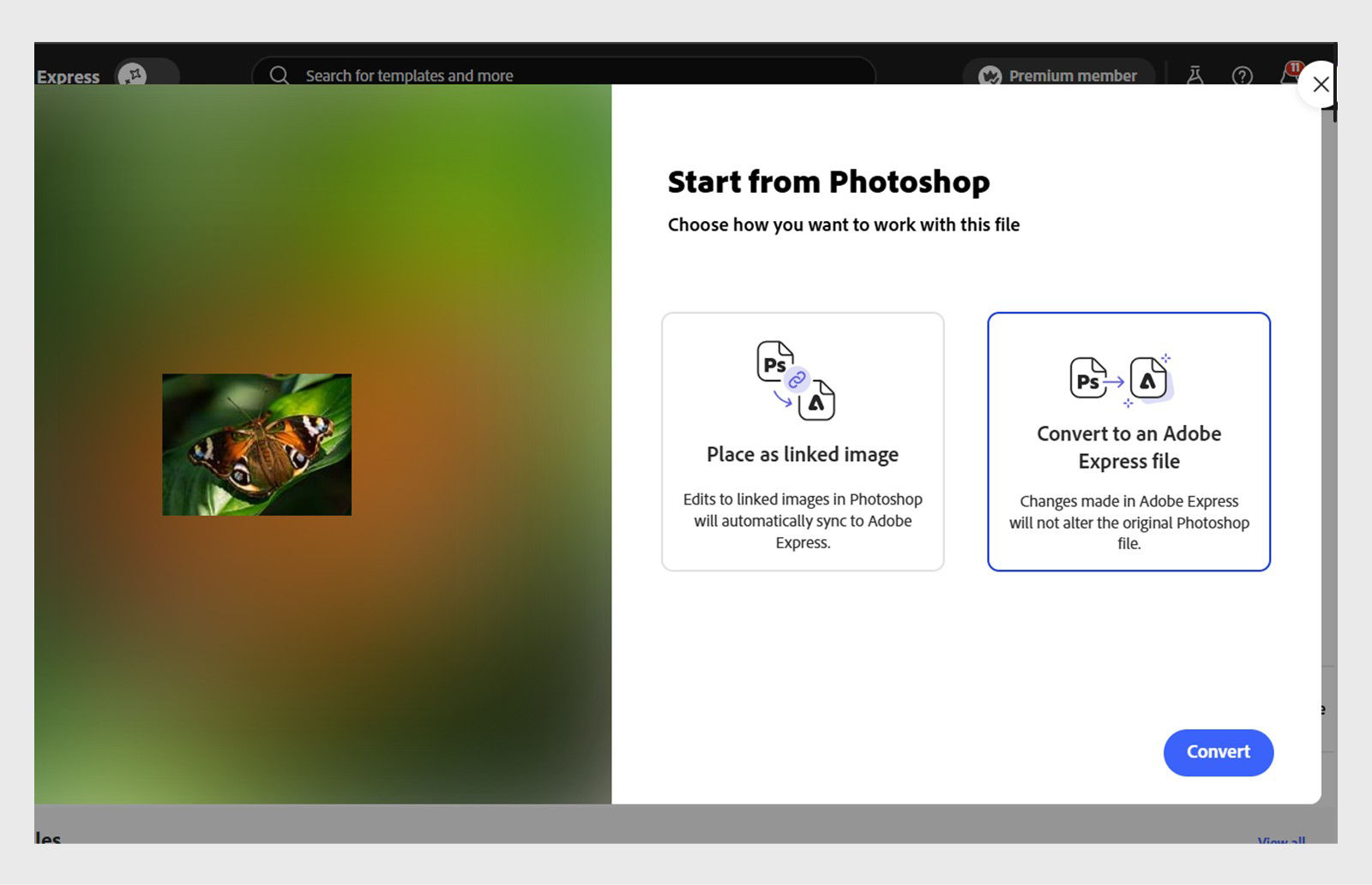 The Adobe Express interface displays the Start from Photoshop dialog with two options: Place PSD as a linked image and Convert PSD to an Adobe Express file. The second option is highlighted. A sample image labeled “SEVEN” appears on the left side of the screen.